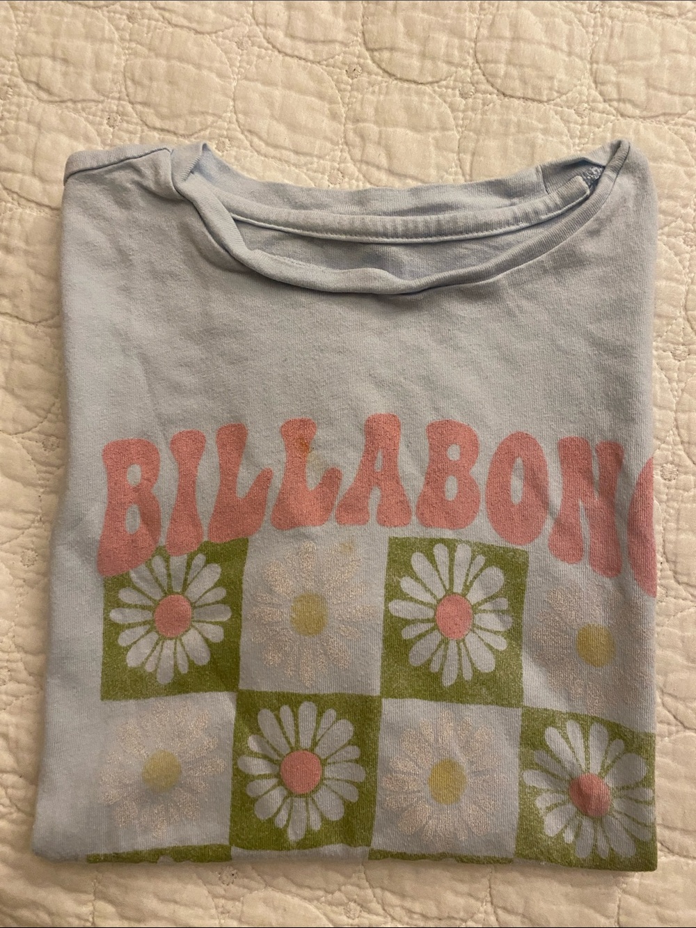Billabong Light Blue Tee with Pink Logo & Green Daisy Checkerboard